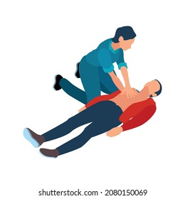 Isometric ambulance car first aid composition with isolated characters of doctor performing artificial respiration of victim vector illustration