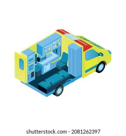 Isometric ambulance car first aid composition with profile view of ambulance van with medical apparatus vector illustration