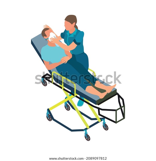 Isometric ambulance car first aid\
composition with isolated crash cart with patient and doctor\
wearing breathing mask vector\
illustration