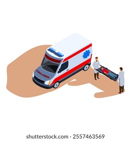 isometric ambulance crew with stretcher and car, vector illustration