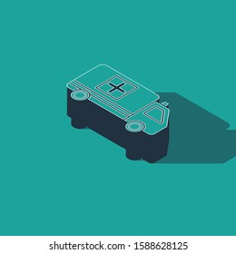 Isometric Ambulance and emergency car icon isolated on green background. Ambulance vehicle medical evacuation.  Vector Illustration