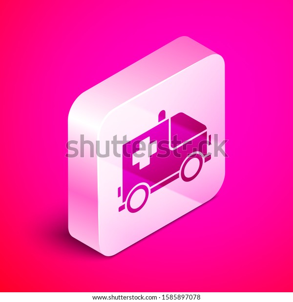 Isometric Ambulance and emergency car icon\
isolated on pink background. Ambulance vehicle medical evacuation.\
Silver square button. Vector\
Illustration