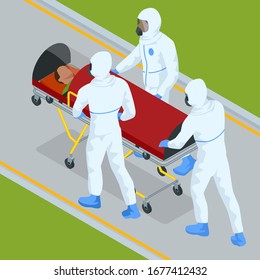 Isometric Ambulance Emergency Paramedic Carrying Patient in Stretcher. Emergency medical service.