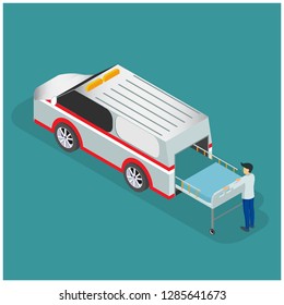 Isometric Ambulance Service with Emergency Car, Nurse Doctor and Patient. Vector illustration - Vector 