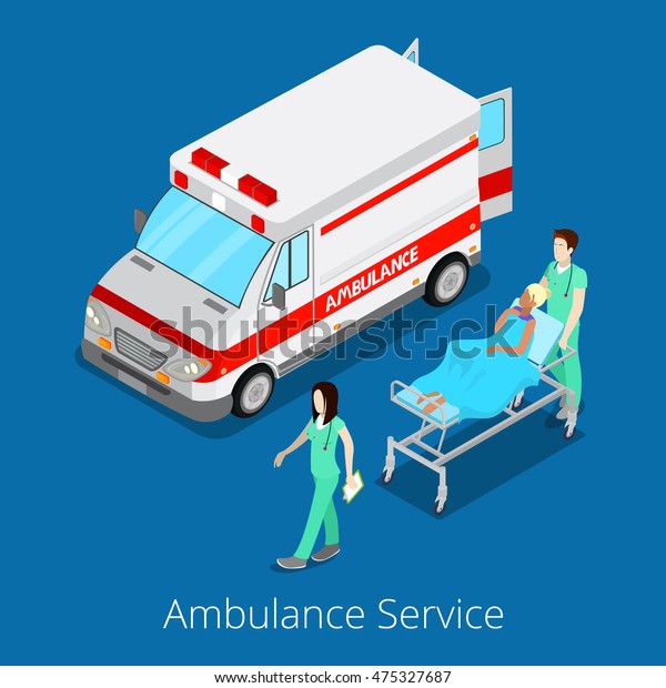 Isometric Ambulance Service with\
Emergency Car, Nurse Doctor and Patient. Vector\
illustration
