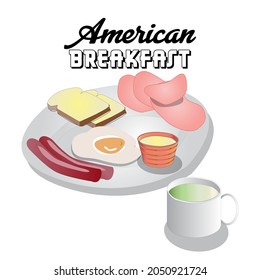 Isometric American Breakfast Vector Illustration. Food Sign, Menu, Poster, sticker and brochure.