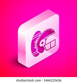 Isometric American Football ball and helmet icon isolated on pink background. Set of sport equipment. Silver square button. Vector Illustration