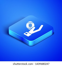 Isometric American Football ball on hand icon isolated on blue background. Rugby ball icon. Team sport game symbol. Blue square button. Vector Illustration