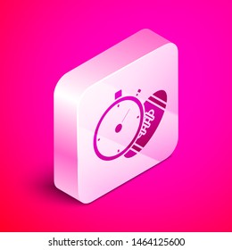 Isometric American Football ball and stopwatch icon isolated on pink background. Set of sport equipment. Silver square button. Vector Illustration