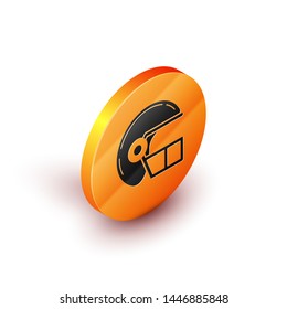 Isometric American football helmet icon isolated on white background. Orange circle button. Vector Illustration