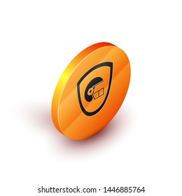 Isometric American football helmet and shield icon isolated on white background. Orange circle button. Vector Illustration