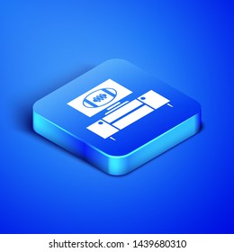 Isometric American football on tv program and stand icon isolated on blue background. Blue square button. Vector Illustration