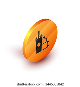 Isometric American Football ticket and paper glass soda with drinking straw icon isolated on white background. Orange circle button. Vector Illustration