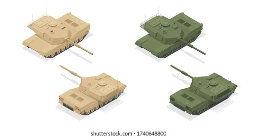 Isometric American main battle tank icons isolated on white high quality vector illustration. Heavy, reservations and special transport. Equipment for the war.