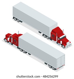 Isometric American Show truck tractor. Transporting large loads over long distances. Logistics network. 3d Intermodal freight transport. Flat illustration heavy duty trucks. 