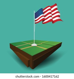 
Isometric American waving vector flag on the soil