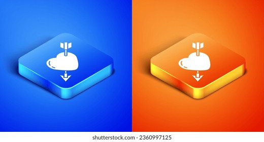 Isometric Amour symbol with heart and arrow icon isolated on blue and orange background. Love sign. Valentines symbol. Square button. Vector