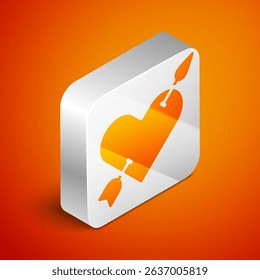 Isometric Amour symbol with heart and arrow icon isolated on orange background. Love sign. Valentines symbol. Silver square button. Vector