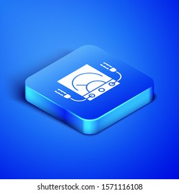 Isometric Ampere meter, multimeter, voltmeter icon isolated on blue background. Instruments for measurement of electric current. Blue square button. Vector Illustration