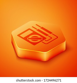 Isometric Ampere meter, multimeter, voltmeter icon isolated on orange background. Instruments for measurement of electric current. Orange hexagon button. Vector Illustration