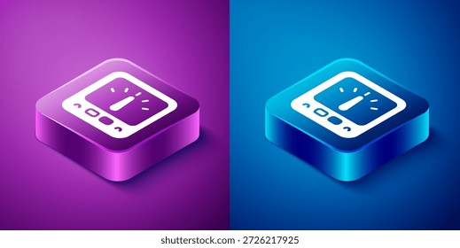 Isometrisches Amperemessgerät, Multimeter, Voltmetersymbol einzeln auf blauem und violettem Hintergrund. Messgeräte für elektrischen Strom. Quadratischer Knopf. Vektorgrafik