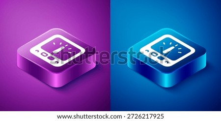 Isometric Ampere meter, multimeter, voltmeter icon isolated on blue and purple background. Instruments for measurement of electric current. Square button. Vector