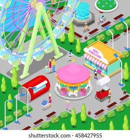 Isometric Amusement Park with Carousel Ferris Wheel and Children. Vector illustration