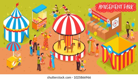 Isometric amusement park circus horizontal composition with view of entertainment park with attraction booths and people vector illustration