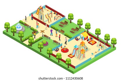 Isometric amusement park concept with parents children visiting playground with different slides and swings isolated vector illustration