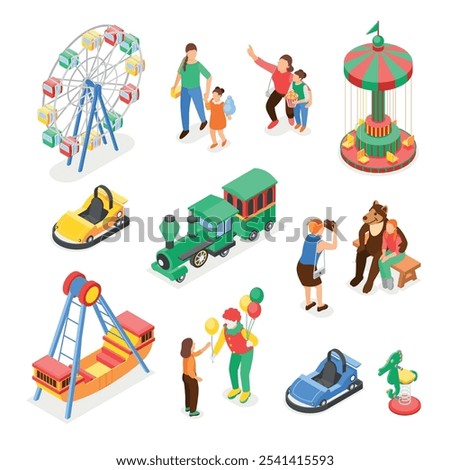 Isometric amusement park elements. Ferris wheel cars swing boat, clown and circus animal bear. Children with parents walking, flawless vector set