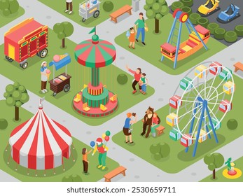 Parque de diversões isométrico. Pais com crianças caminhando, tomando sorvete, passeando em baloiços e tirando fotos com atores. Circo cena de vetor impecável