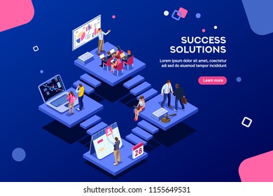 Isometric analysis, data investment for project. Solutions, visualization, analyzing of success. Business workplace, consulting app, career website, mobile website. Small office group modern homepage.