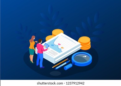 Isometric Analysis data and Investment. Stack of documents with an official stamp and pencils in a glass. Creative landing page design template.