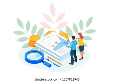 Isometric Analysis data and Investment. Stack of documents with an official stamp and pencils in a glass. Creative landing page design template.