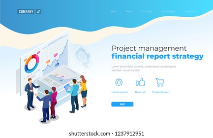 Isometric Analysis data and Investment. Stack of documents with an official stamp and pencils in a glass. Creative landing page design template.