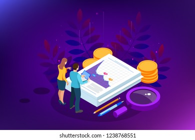Isometric Analysis data and Investment. Stack of documents with an official stamp and pencils in a glass. Creative landing page design template.