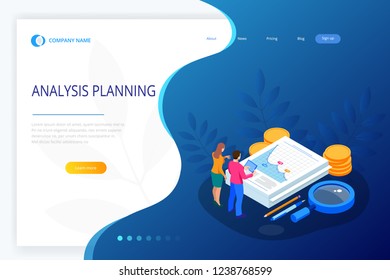 Isometric Analysis data and Investment. Stack of documents with an official stamp and pencils in a glass. Creative landing page design template.