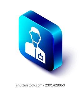 Isometric Analyst engineer icon isolated on white background. Blue square button. Vector