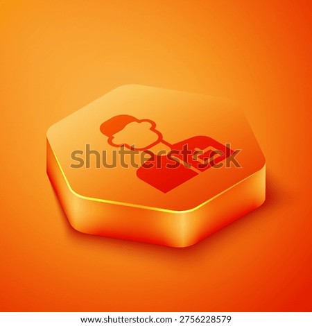 Isometric Analyst engineer icon isolated on orange background. Orange hexagon button. Vector