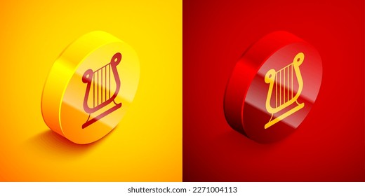 Isometric Ancient Greek lyre icon isolated on orange and red background. Classical music instrument, orhestra string acoustic element. Circle button. Vector