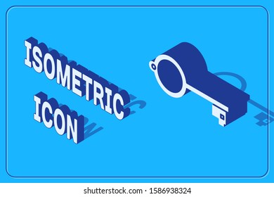 Isometric Ancient key for game icon isolated on blue background.  Vector Illustration
