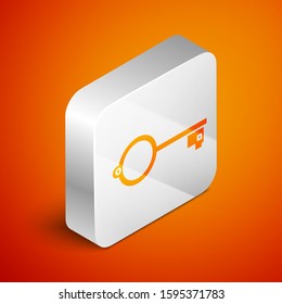 Isometric Ancient key for game icon isolated on orange background. Silver square button. Vector Illustration