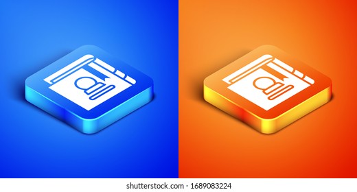 Isometric Ancient magic book with alchemy recipes and mystic spells and enchantments icon isolated on blue and orange background. Square button. Vector Illustration