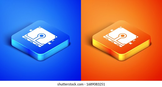 Isometrisches antikes Zauberbuch mit alchemistischen Rezepten, mystischen Zaubern und Verzauberungen Symbol einzeln auf blauem und orangefarbenem Hintergrund. Knopf Quadrat. Vektorillustration-Illustration
