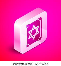 Isometric Ancient magic book with alchemy recipes and mystic spells and enchantments icon isolated on pink background. Silver square button. Vector Illustration
