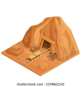 mina isométrica antigua con carros, ilustración vectorial