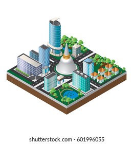 isometric ancient pagoda circle in town center, roundabout in city, Ayutthaya province, Thailand.