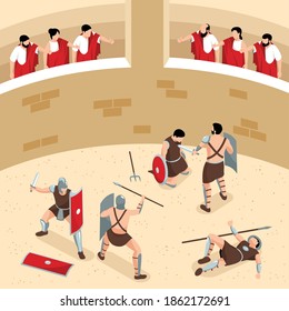 Isometric ancient rome gladiators composition with view of round arena with audience and warriors in fight vector illustration