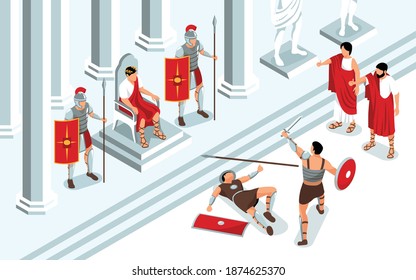 Isometric ancient rome gladiators composition with view of throne room and monarch watching duel battle fight vector illustration