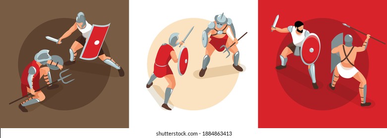 Isometric ancient rome gladiators design concept with square compositions of duel battles with fighting warrior characters vector illustration